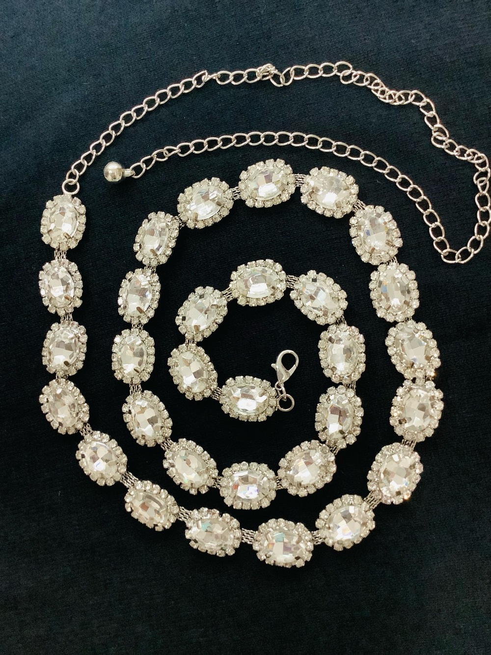 Rhinestone Oval Statement Long Necklace or Belt Adjustable Size Length